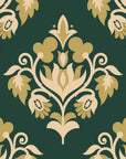 Old World Flora Evergreen floral damask wallpaper in evergreen and brass