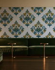 Old World Flora Ivory floral damask wallpaper in an intimate luxury cocktail lounge