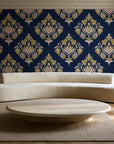 Old World Flora Navy floral damask wallpaper in an elegant living room