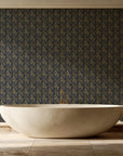 Olive Fret Midnight geometric fret wallpaper creating ambiance in a serene spa bathroom
