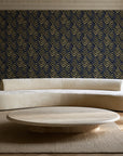 Olive Fret Midnight geometric fret wallpaper in an elegant living room