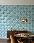 Olive Fret Teal geometric fret wallpaper in an elegant dining room