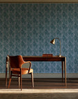 Olive Fret Teal geometric fret wallpaper as a feature wall in a home study