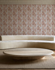 Olive Fret Terracotta geometric fret wallpaper in an elegant living room