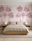 Palm Shade Rose palm grove wallpaper behind a low platform bed in a serene Japandi bedroom