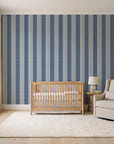Parlor Stripe Midnight geometric stripe wallpaper in a calm, light-filled nursery