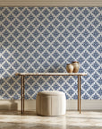 Pastel Bouquet Parade Navy botanical damask wallpaper on the wall of a grand entry foyer