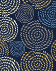 Petal Cascade Midnight spiral rosette wallpaper in midnight and champagne