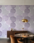 Petal Cascade Plum spiral rosette wallpaper in an elegant dining room