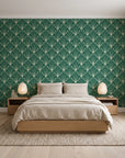 Petal Dawn Emerald art deco fan wallpaper behind a low platform bed in a serene Japandi bedroom