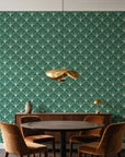 Petal Dawn Emerald art deco fan wallpaper behind a walnut credenza and round table in an elegant dining room