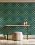 Petal Dawn Emerald art deco fan wallpaper on the wall of a grand entry foyer
