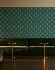 Petal Dawn Emerald art deco fan wallpaper in an intimate luxury cocktail lounge