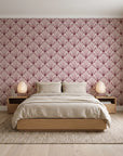 Petal Dawn Oxblood art deco fan wallpaper behind a low platform bed in a serene Japandi bedroom