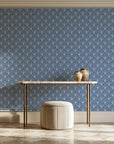 Petal Dawn Slate art deco fan wallpaper on the wall of a grand entry foyer