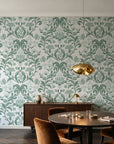 Petal Reflection Sage floral damask wallpaper in an elegant dining room
