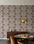 Petal Symphony Mocha baroque damask wallpaper in an elegant dining room