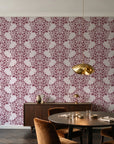 Petal Symphony Rosewood baroque damask wallpaper in an elegant dining room