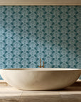 Petal Symphony Teal baroque damask wallpaper creating ambiance in a serene spa bathroom