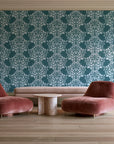 Petal Symphony Teal baroque damask wallpaper in a boutique hotel sitting area