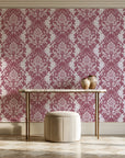 Poet's Blossom Dusty Rose classic damask wallpaper on the wall of a grand entry foyer
