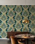 Poet's Blossom Peacock classic damask wallpaper in an elegant dining room