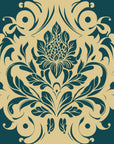 Poet's Blossom Peacock classic damask wallpaper in peacock and champagne