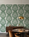 Poet's Blossom Sage classic damask wallpaper in an elegant dining room