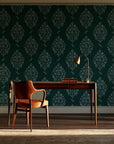 Porcelain Bouquet Emerald damask wallpaper as a feature wall in a home study