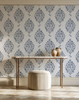 Porcelain Bouquet Inkwell damask wallpaper on the wall of a grand entry foyer