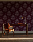 Porcelain Bouquet Oxblood damask wallpaper as a feature wall in a home study