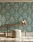 Porcelain Bouquet Sage damask wallpaper on the wall of a grand entry foyer
