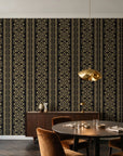Porcelain Filigree Noir filigree damask wallpaper in an elegant dining room