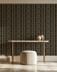 Porcelain Filigree Noir filigree damask wallpaper on the wall of a grand entry foyer