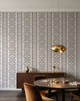 Porcelain Filigree Taupe filigree damask wallpaper in an elegant dining room