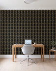 Quiet Grace Noir minimalist arch wallpaper behind a modern oak desk in a bright home office
