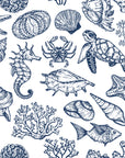 Quiet Reef Navy sea life wallpaper in navy and white