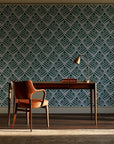 Rising Arrow Emerald geometric wallpaper as a feature wall in a home study