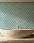 Rosewater Retreat Emerald damask wallpaper creating ambiance in a serene spa bathroom
