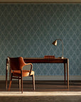 Rosewater Retreat Emerald damask wallpaper as a feature wall in a home study