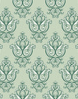 Rosewater Retreat Emerald damask wallpaper in emerald and sage