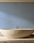 Rosewater Retreat Navy damask wallpaper creating ambiance in a serene spa bathroom