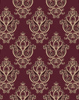 Rosewater Retreat Oxblood damask wallpaper in oxblood and champagne