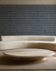 Sage Trellis Charcoal geometric wallpaper in an elegant living room