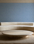 Sage Trellis Dusty Blue geometric wallpaper in an elegant living room