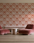 Secret Arbor Terracotta damask wallpaper in a boutique hotel sitting area