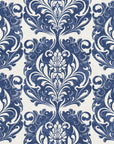 Serene Blossom Indigo damask wallpaper in indigo and linen
