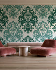 Silent Bouquet Emerald damask wallpaper in a boutique hotel sitting area