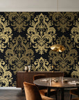 Silent Bouquet Noir damask wallpaper in an elegant dining room