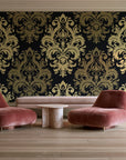 Silent Bouquet Noir damask wallpaper in a boutique hotel sitting area